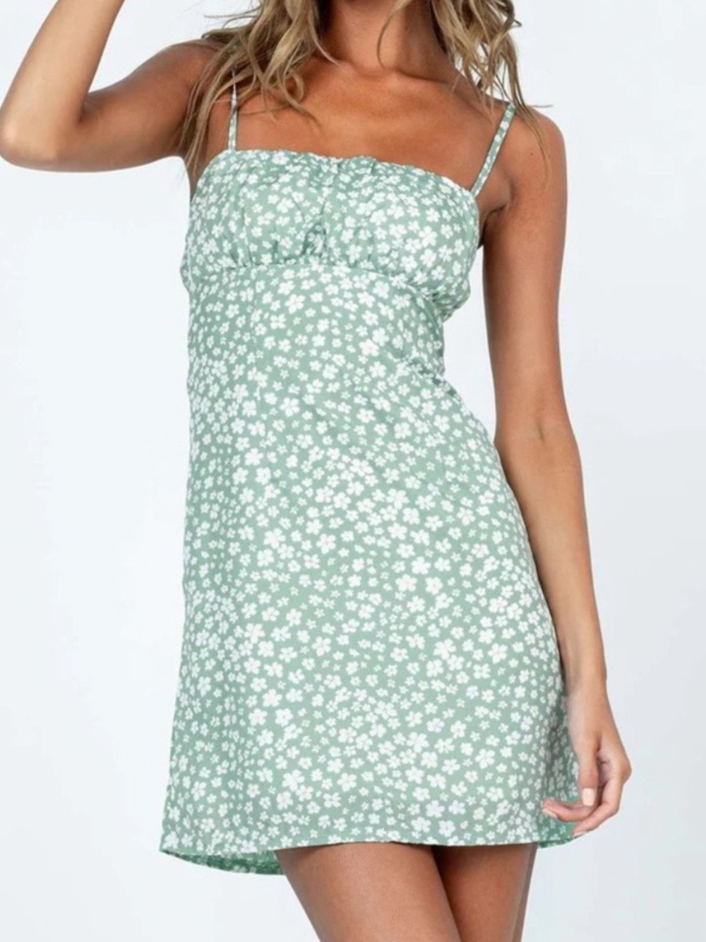 Princess Polly Ruched Bust Green Floral Mini Dress Women's - Size 10